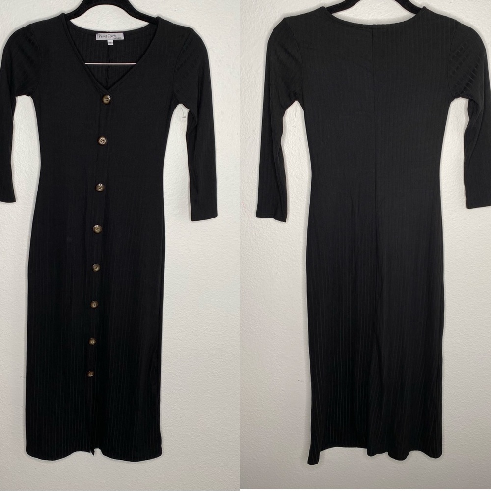 Velvet torch V-Neck Button Front Ribbed Midi dress - Picture 2 of 9